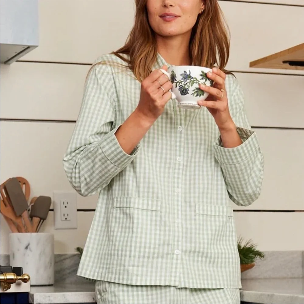 Green Gingham Pajama Top | LAKE Poplin Piped Top